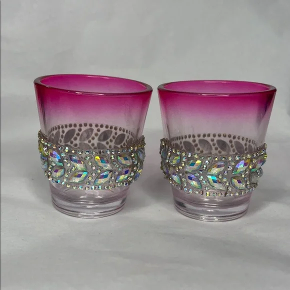 Hand Crafted Pink Rhinestone Embellished Shot Glasses - Picture 2 of 9